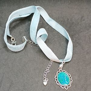 Blue Velvet Ribbon Necklace with Teal Mermaid Pendant